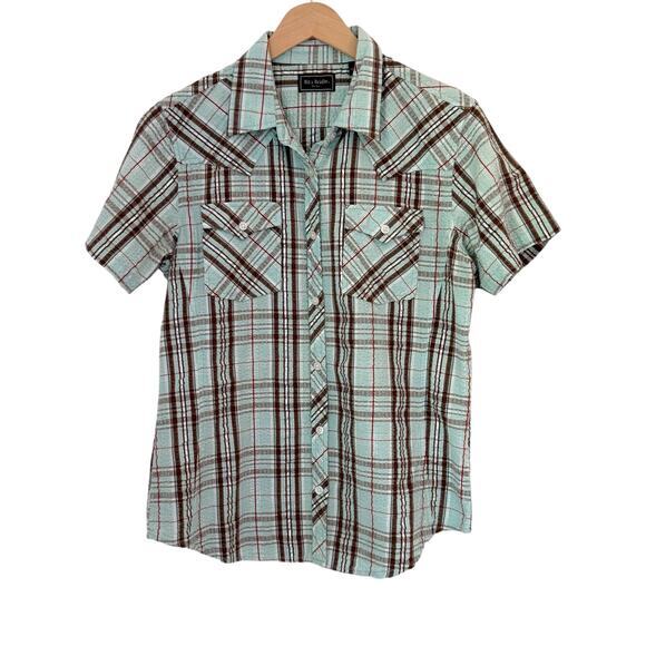 Bit & Bridle Western Button Front Top Womens Size L Plaid Blue Brown Silver - Picture 1 of 4